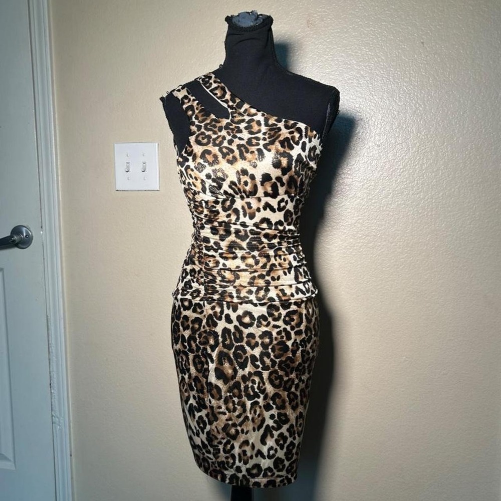 Vintage B Darlin Leopard Print Ruched One Shoulder Bodycon Dress Y2K Brown Small